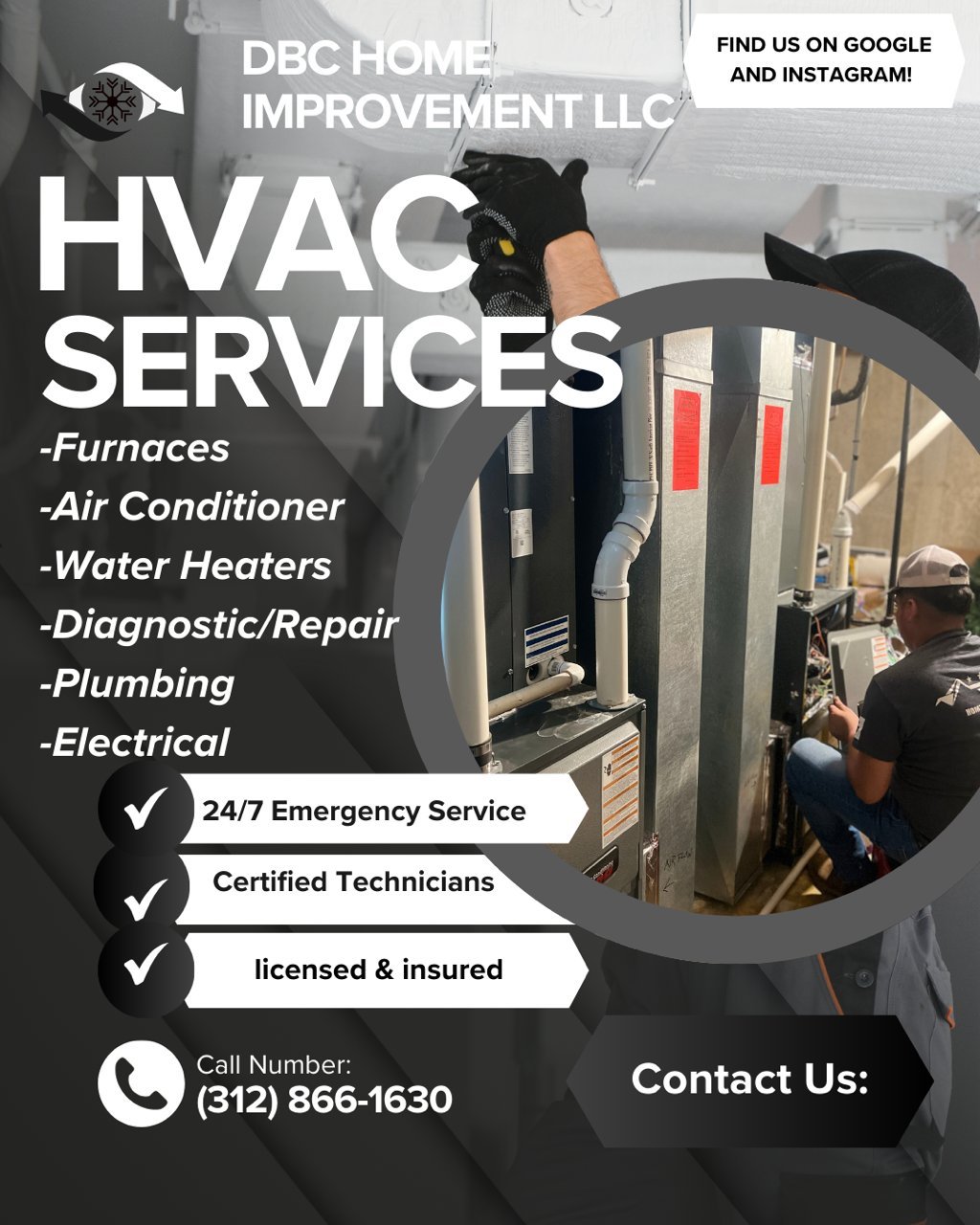 DBC Home Improvement LLC HVAC services advertisement featuring technician working on furnace with contact number and service offerings list